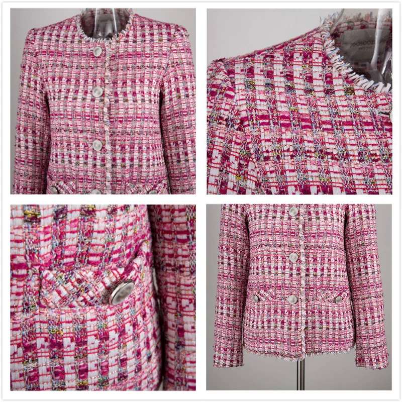 

High Quality 2019 Autumn Vintage Pink Plaid Jackets Coat Women Tweed Overcoat Tassel Long Sleeve Slim Jacket Tops Female Outwear