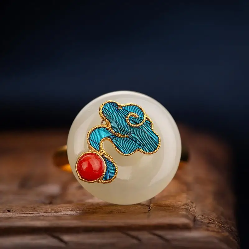 

Fangyuan Old Fine Gold Handmade Silk Inlaid White Jade Tian-Tsui Xiangyun Ring Female Vintage Court Style Simple and Adjustable