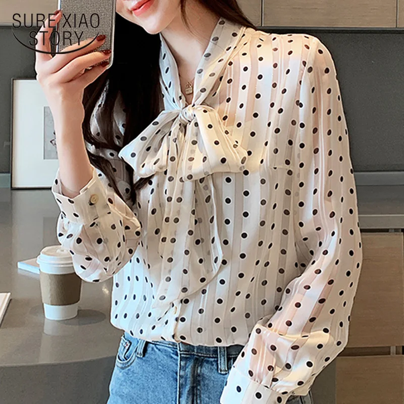

Blusas Mujer De Moda 2021 Women Blouses Casual Women Tops Bow Polka Dot Long Sleeve Shirts V-neck Chiffon Blouses 5690 50