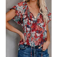 fashion women summer short sleeve floral print v neck blouse casual loose tops