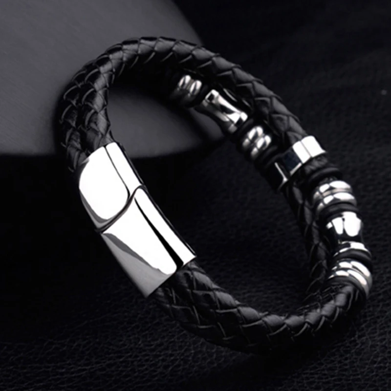 Модные популярные брендовые ювелирные изделия мужские браслеты черный кожаный