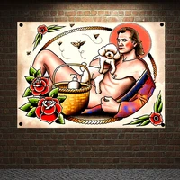 old school retro tattoo banner canvas painting wall art print posters home decor mural hanging flag 4 gromments in corners