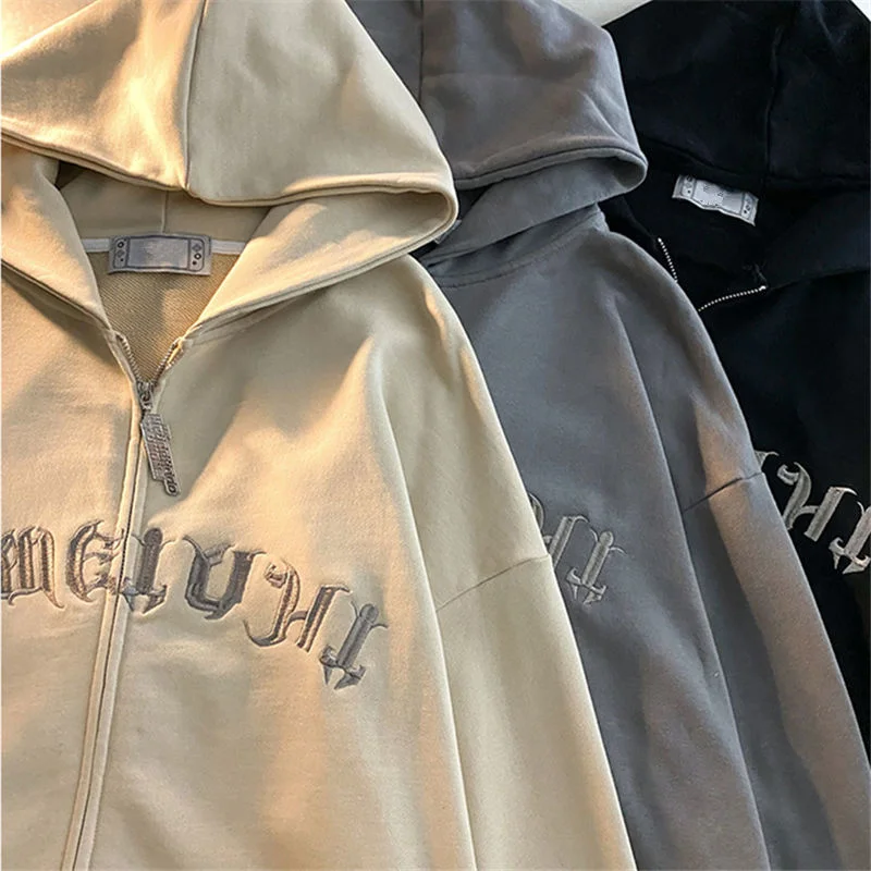 

Retro embroidered Zip Up sweatshirt harajuku 2021 plus size hoodies Korean style loose lovers letter long-sleeved Pullovers