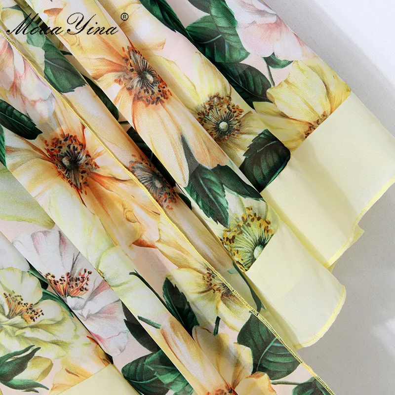 

MoaaYina Fashion Designer dress Summer Women's Dress cloak Sleeves Camellia Floral Print lace-up Chiffon Dresses