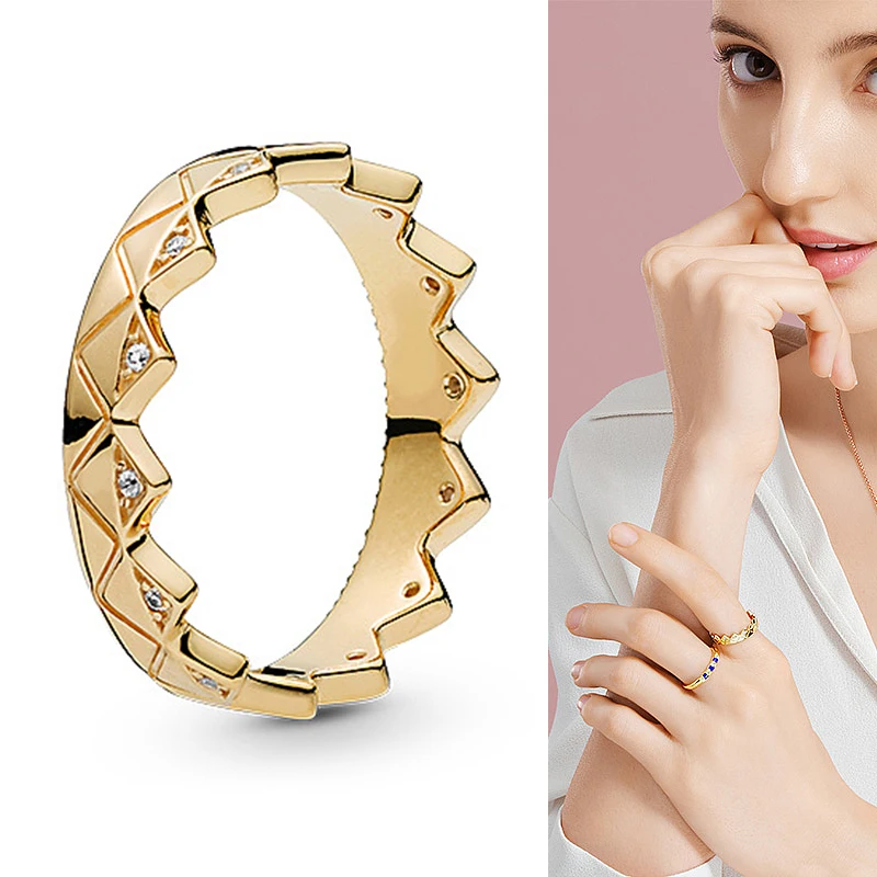 

925 Sterling Silver Pan Ring Shiny Gold With Crystal Crown Ring For Women Wedding Party Gift Fashion Jewelry