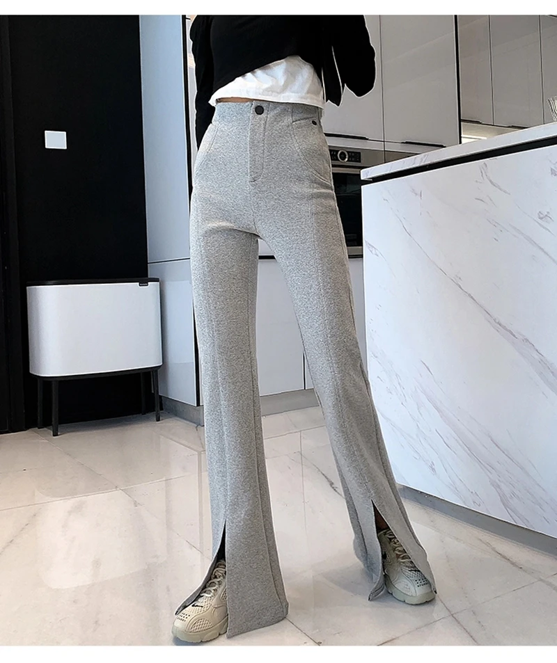 

Casual Spring Flare Trousers High Waist Slim Solid Color Street Pants Office Ladies Wide Leg Pants