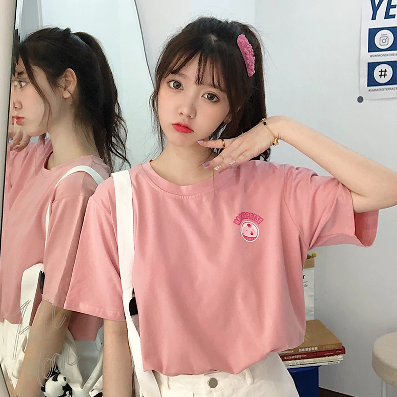 

Милая футболка с коротким рукавом в японском стиле, Женская свободная модная суперпопулярная Студенческая шикарная футболка в Корейском с...