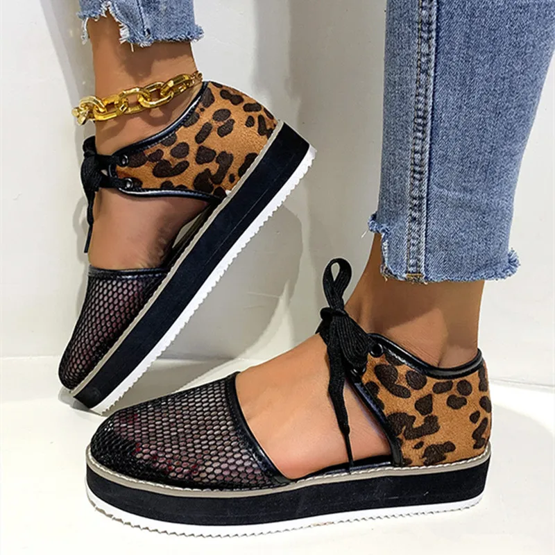 

Women Sandals Platform Flats Mesh Breathable Lace-Up Ladies Shoes Casual Summer Leopard New Fashion Beach Comfy Female Footwear