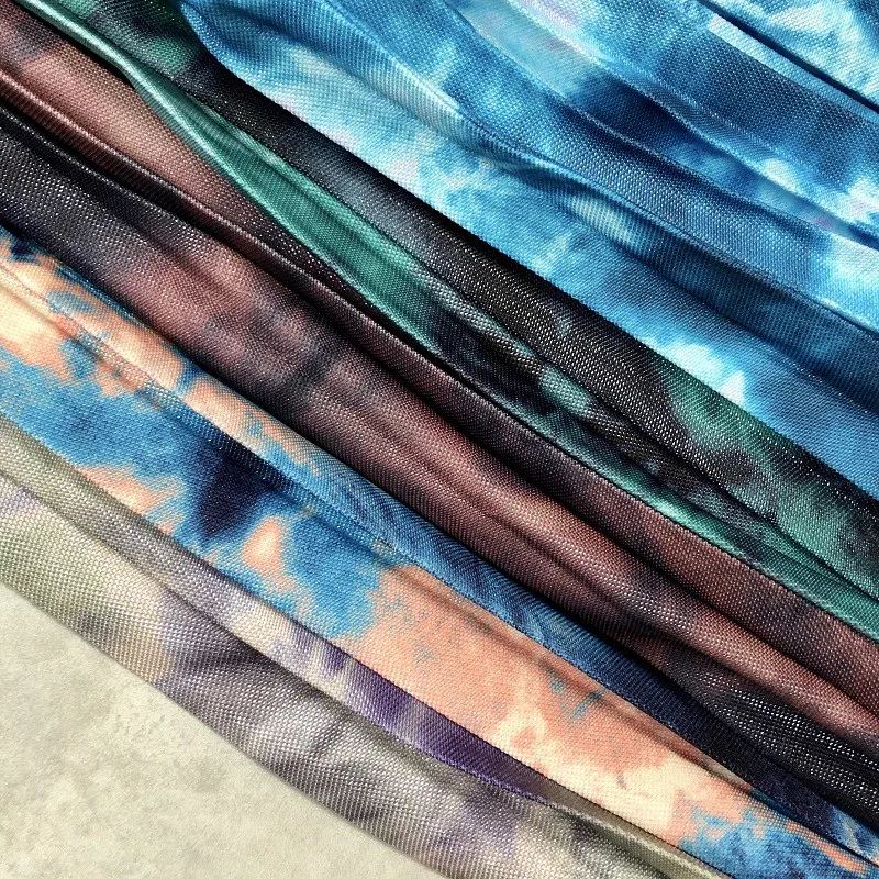 

2021 New Women Midi Skirts Tie Dye Starry Printing Ink Belt Pleated Skirts Lady High Waist Sashes Elegant Mid Calf Long Skirts