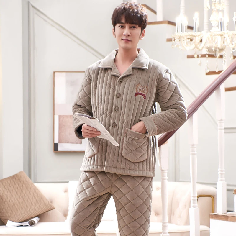 Winter Three Layers Quilted Pajamas Men Long Sleeved Coral Fleece Warm Soft Flannel Pyjamas Mens Lounge Solid Color Pajamas Set