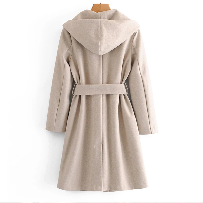 

2020 Winter Women's Woolen Coats with Belt Hoodies Long Coat Za Loose Oversize Long Jacket Elegant Long Sleeves Hooded Outerwear