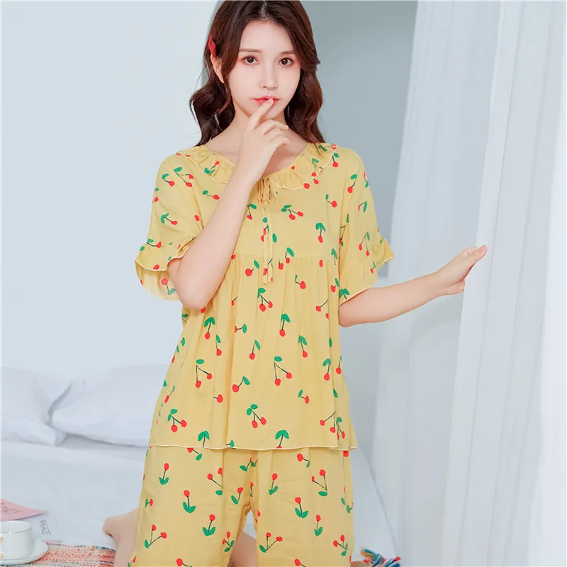 

Spring Summer New Shirt&Shorts Set Women 2PCS Pajamas Suit Lounge Wear Viscose Sleepwear Home Clothes Print Cute PJS Nightwear