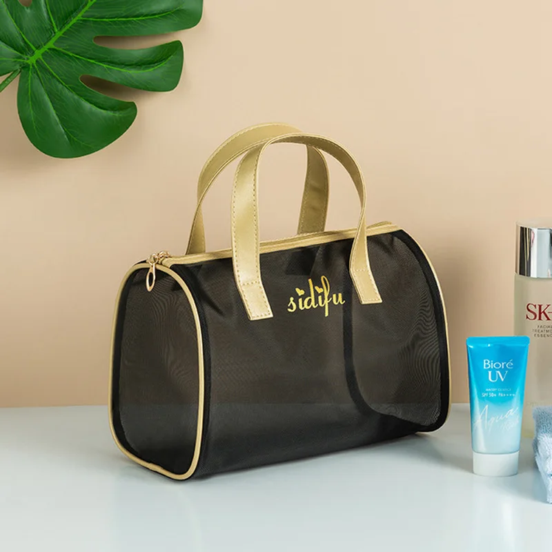 

2021 Fashion Mesh Handbag Women Wash Cosmetic Bag Breathable Black Travel Storage Bag Transparent Bath Beach Bag