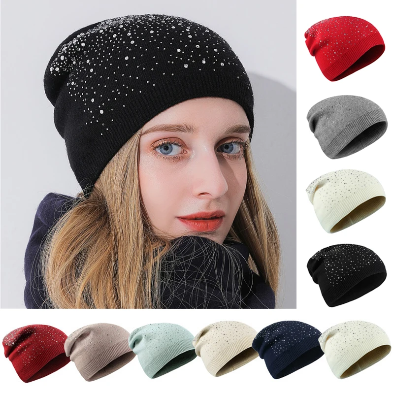 

Autumn Winter Warm Rhinestones Glitter Skullies Beanies Hat for Women Casual Solid Color Outdoor Knitted Thick Beanie Hat
