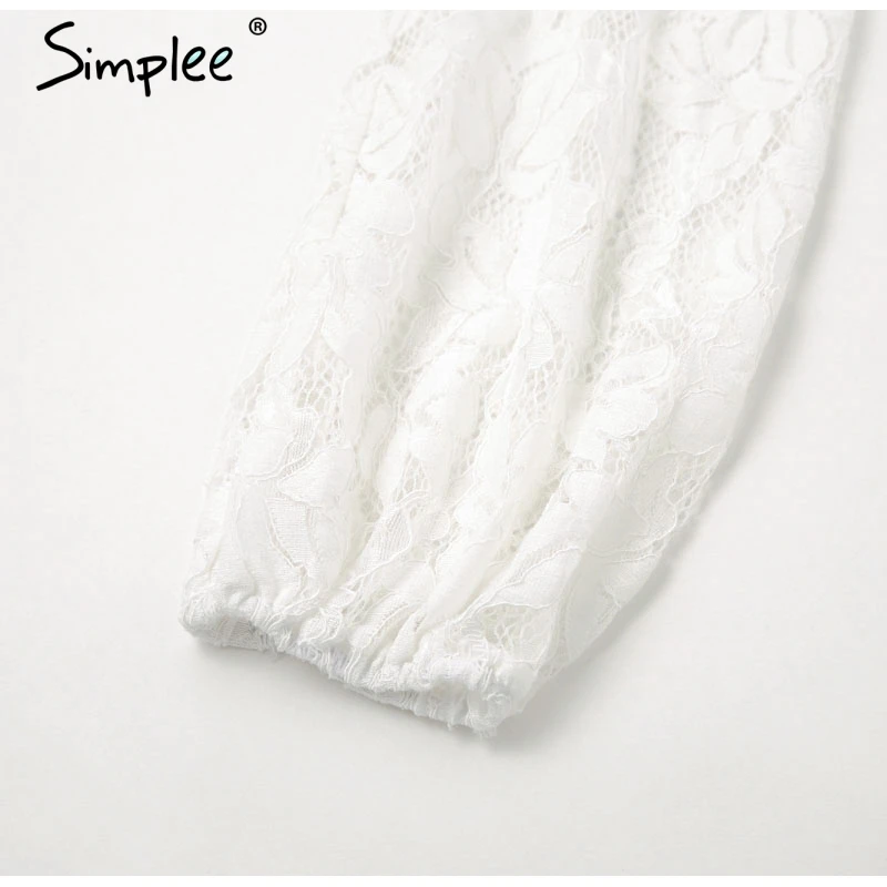 Simplee Elegant lace transparent dress Puff sleeve floral long sleeve white dress High waist ruffle office lady autumn vestidos