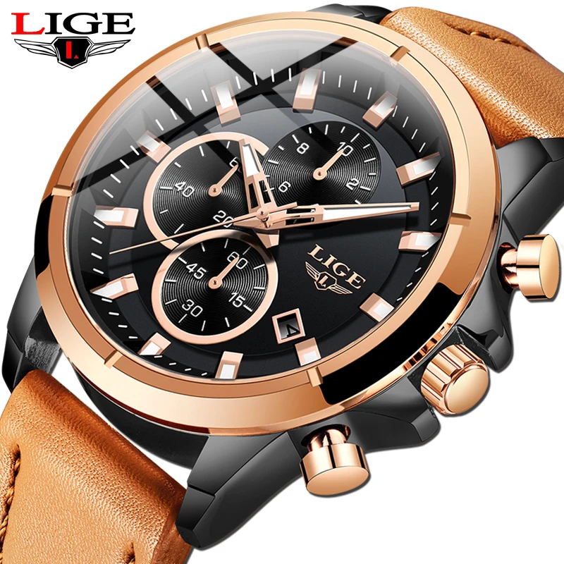 Часы наручные LIGE Мужские кварцевые в стиле милитари с хронографом и кожаным