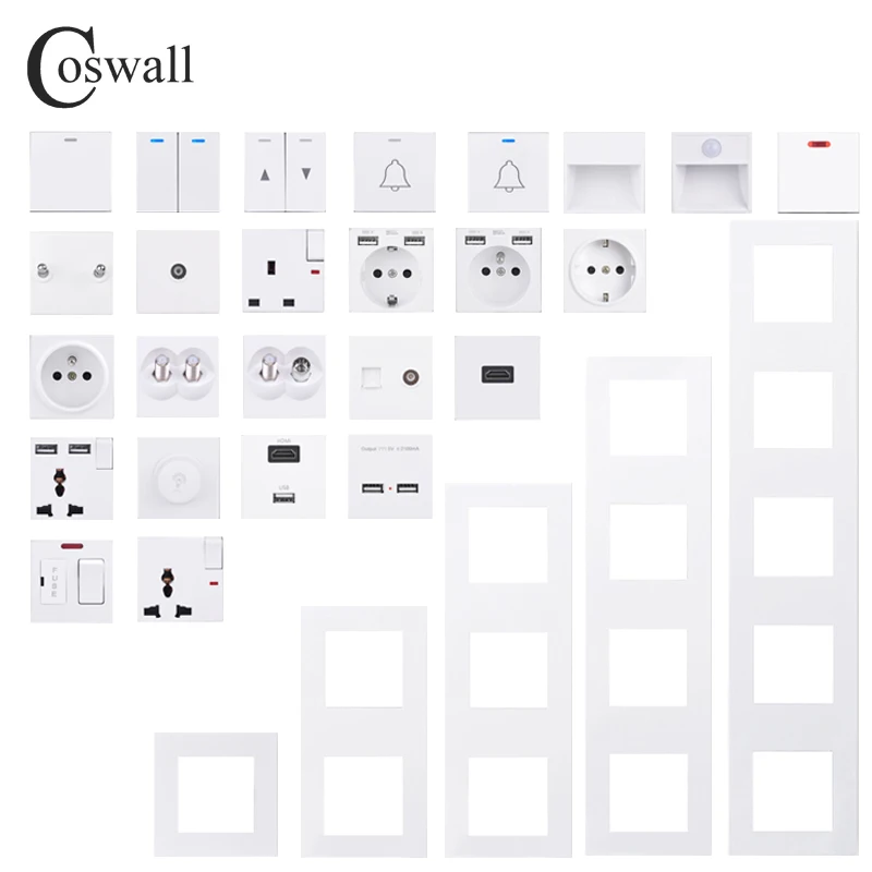 

COSWALL E20 Series White Vertical PC Panel Wall Switch EU French Socket HDMI-compatible USB Type-C Charger TV RJ45 Module DIY