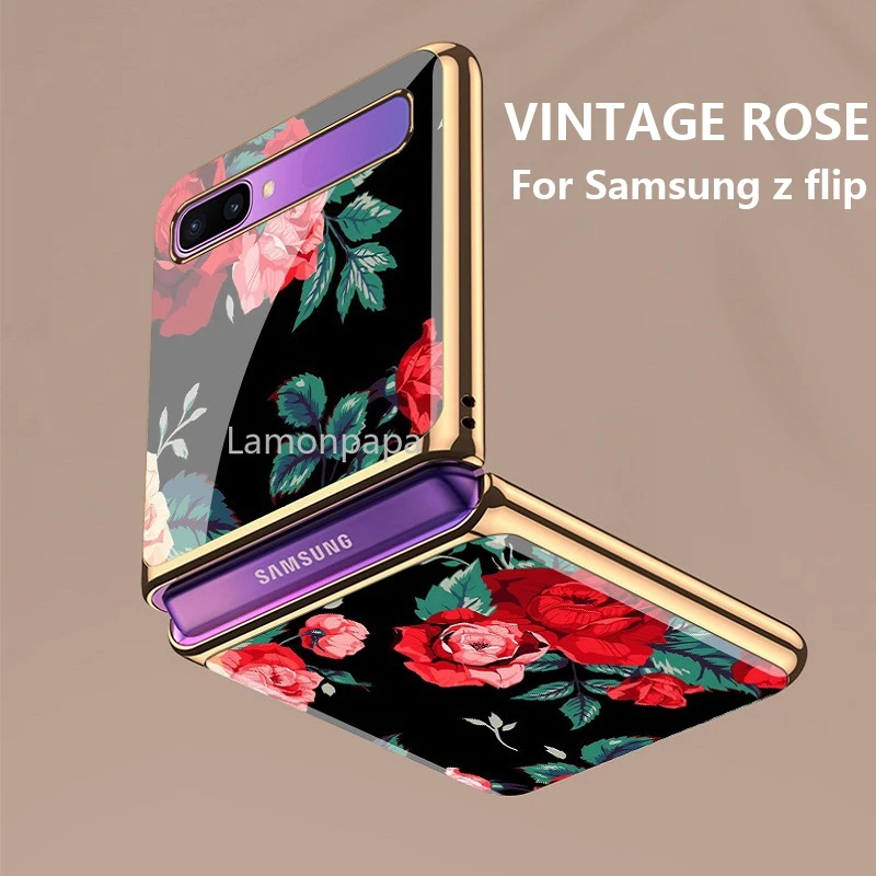 girls rose phone case for samsung galaxy z flip 5g cover f7000 luxury tempered glass protective shell for samsung z flip case free global shipping