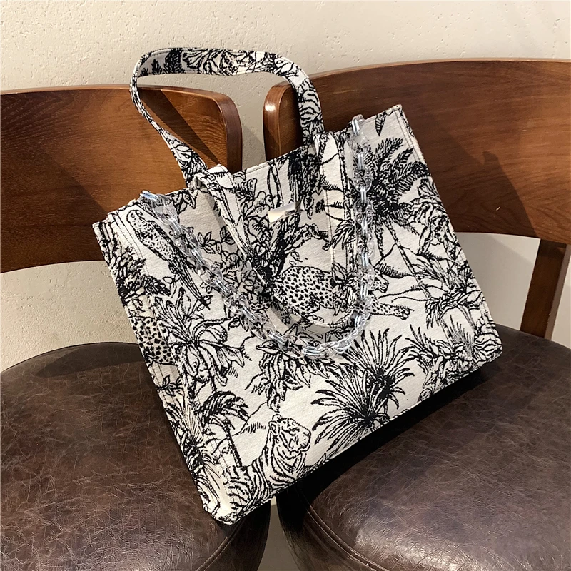 

Роскошные холщовые сумки с вышивкой для больших покупок, уникальный дизайн, женская сумка через плечо с акриловой цепочкой и цветами