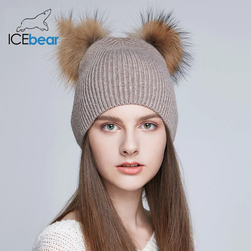ICEbear мягкие женские зимние шапки, двойная настоящая шапка с меховым помпоном, теплая Милая шапка для девочек, Новое поступление, E-MX18118Q - Цвет: 04D