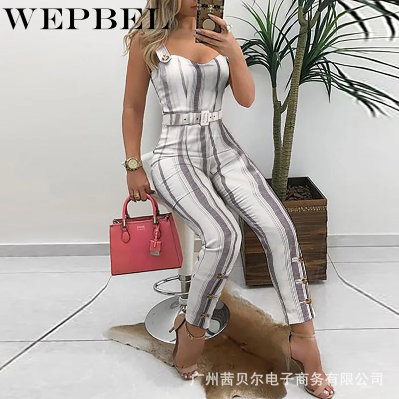

WEPBEL Women's Casual Sleeveless Slim Fit Jumpsuits Autumn Fashion V-neck High Waist Spaghetti Strap Straight Jumpsuits