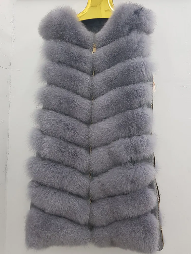 light grey Пальто из натурального Лисьего меха, жилет, новинка, длинное пальто на молнии, зимнее теплое пальто, натуральный мех, жилет из натурального Лисьего меха - Цвет: light grey