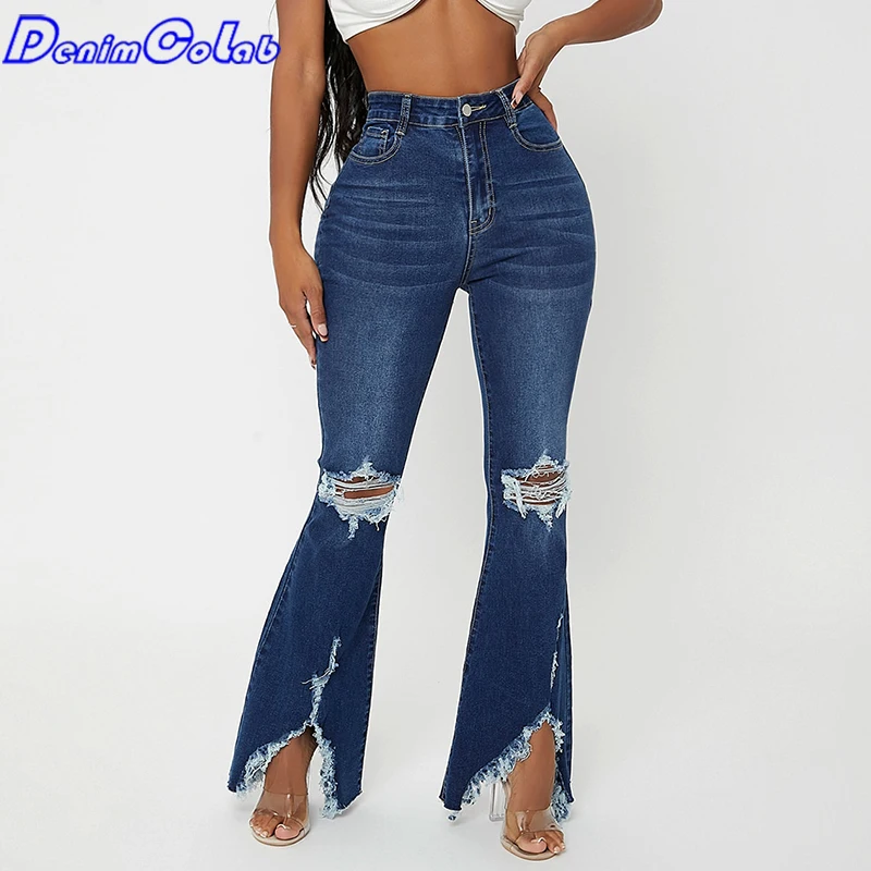 

Модные расклешенные брюки с дырками Denimcolab 2021, эластичные женские джинсы с высокой талией, узкие джинсовые брюки, женские эластичные повседн...