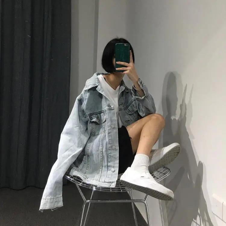 

2020 Spring and Autumn New Coat Women Korean Tide Loose Student Suke Long-sleeved Cowboy Top Turn-down Collar