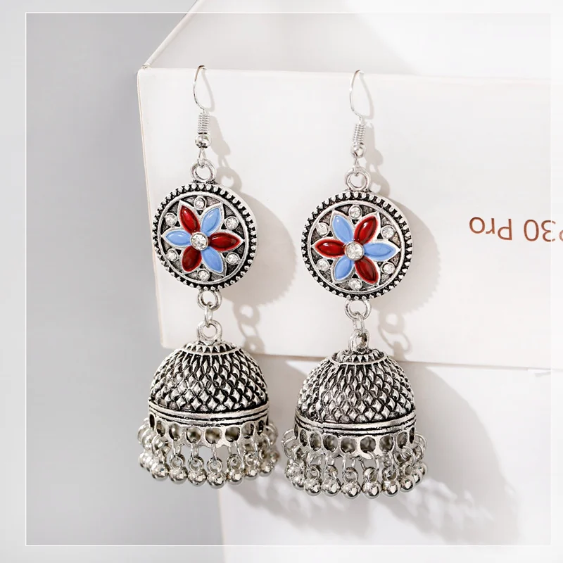 

Womens Silver Color Beads Tassel Indian Jhumka Earrings Ethnic Vintage Flower Bollywood Oxidized Bell Dangle Earrings