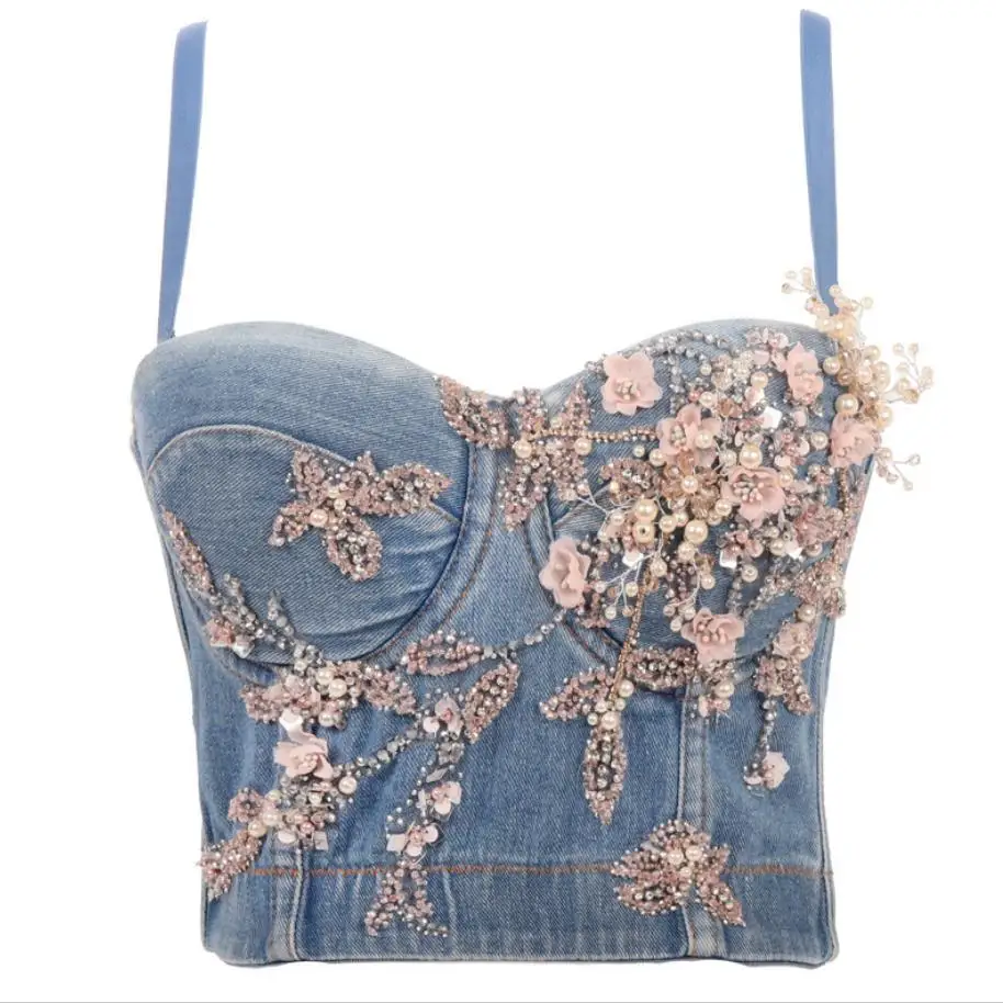 

Flower beading Denim Jeans Scratched Women's Button Diamonds Ripped Push Up Bustier Night Club Party Crop Top New Corset Camise