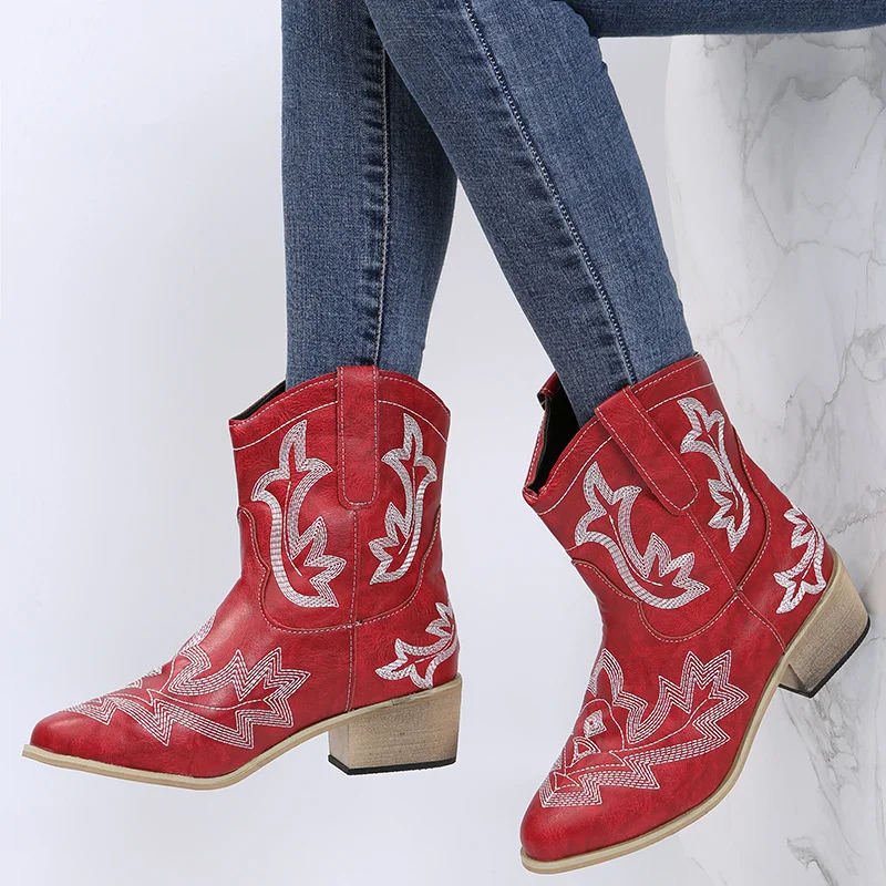 

43 Plus Size Short Ankle Knight Boots Women Winter Retro Embroidered Print Pointed Toe Chunky Heel Cowboy Boot Zapatillas Mujer