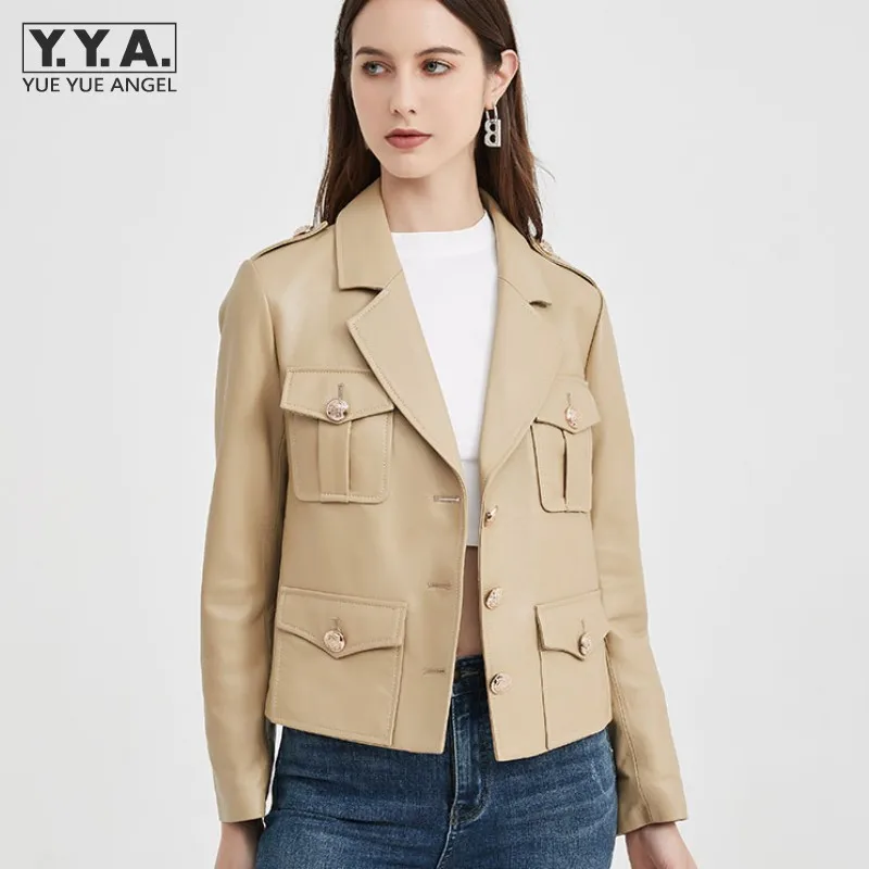 

Elegant Women Short Pockets Single Breasted Real Sheepskin Coat High Quality Office Ladies Slim Fit Genuine Leather Jacket Khaki