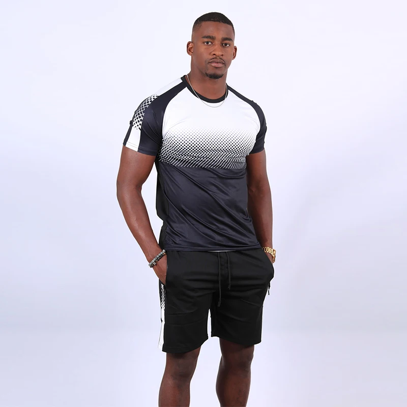

Костюм спортивный мужской с принтом, повседневный Модный облегающий костюм для бега, бега, тренажерного зала, футболка и шорты, летний комплект