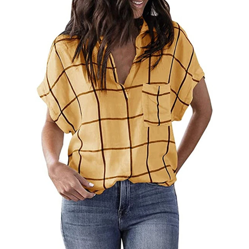 

Summer Ladies Shirts Fashion Casual Short Sleeve Blouses Plaid Turn Down Collar Female Loose T-shirts