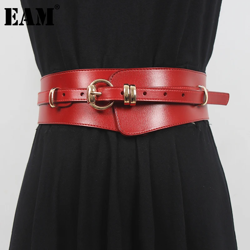 

[EAM] Pu Leather Red Irregular Buckle Wide Belt Personality Women New Fashion Tide All-match Spring Autumn 2022 1DE4616