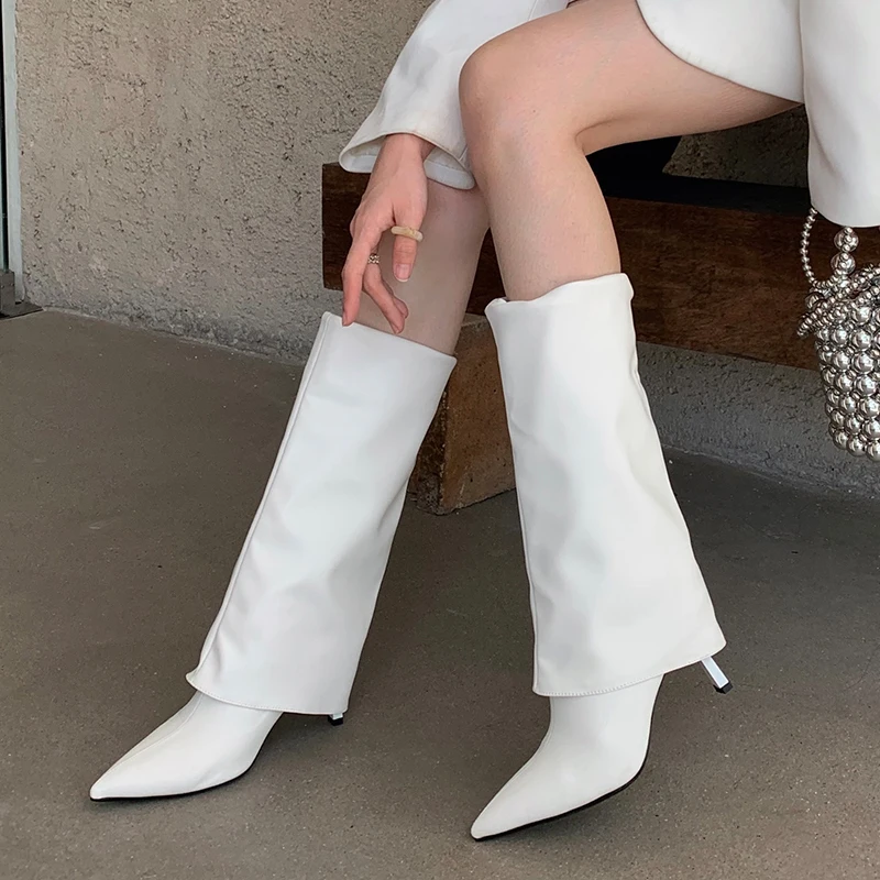 

7.5CM Thin High Heels Long Boots Women Knee High Booties Pointed Toe Female Winter Shoes White Black Tan Lady Plain Bootee 2022
