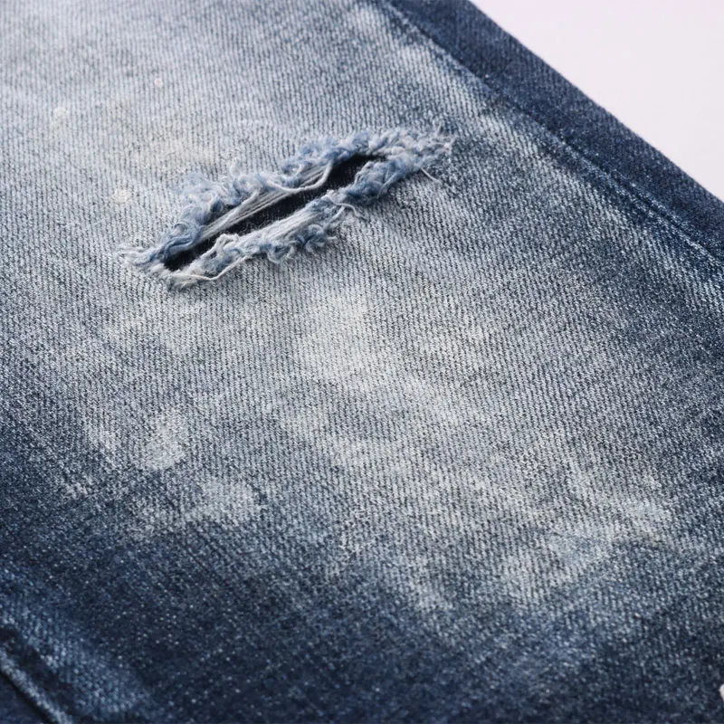 European Street Fashion Men Jeans Retro Dark Blue Distressed Slim Fit Ripped Jeans Men Painted Designer Hip Hop Denim Punk Pants