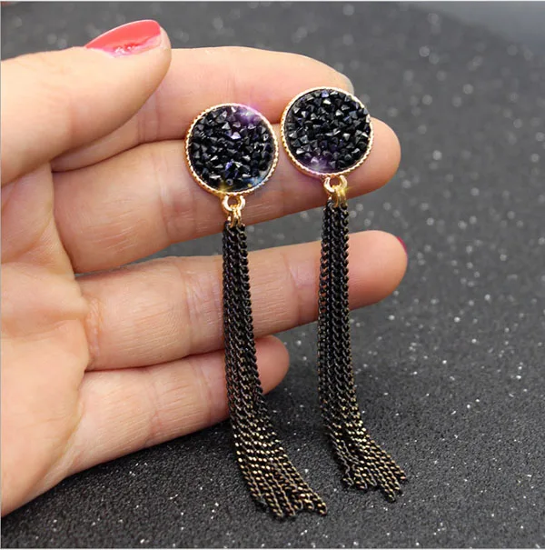 

S2010 Fashion Jewelry S925 Silver Post Black Rhinstone Chain Tassels Dangle Stud Earrings