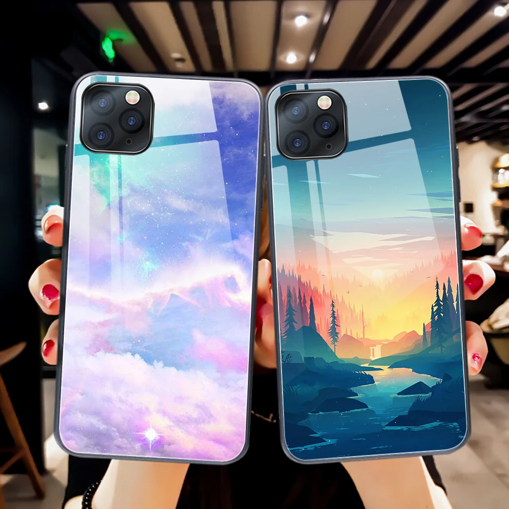 

Tempered Glass Colored Clouds Phone Case for Iphone 11 12 13 Pro Mini Max X XR XS 7 8 Plus Silicone Hard Back Cover Coque Capa