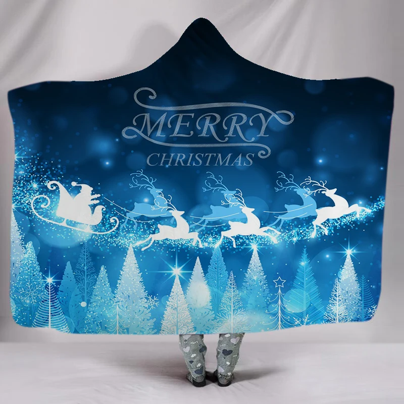 

3D Christmas Hooded Blanket Sherpa Fleece Wearable plush Throw Blanket on Bed Sofa Thick warm B2005