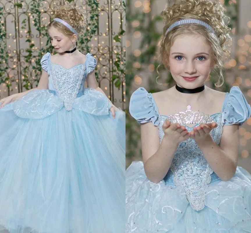 

Cinderella Pageant Dresses For Teens Cap Sleeve Pleats Sequins Sky Blue Kids Ball Gown Flower Girl Dress Child Size 1-14Y