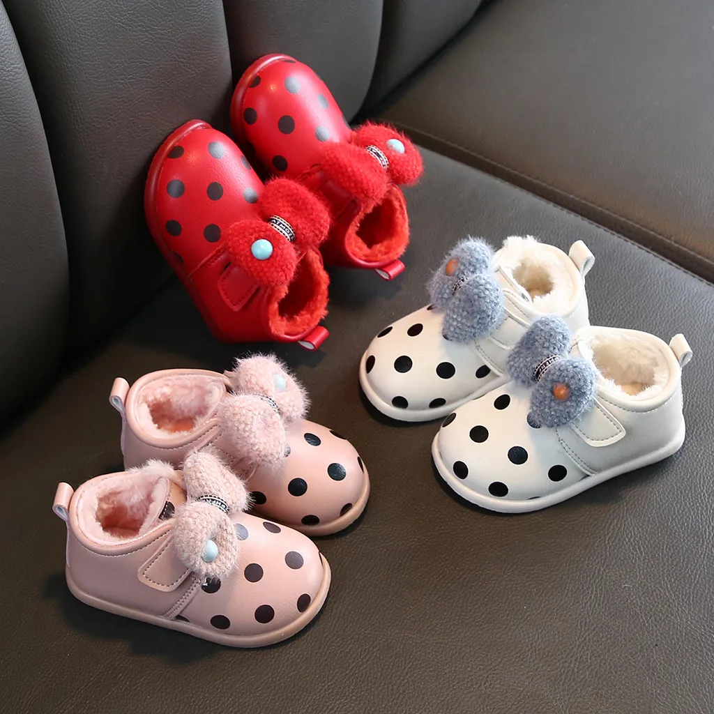 Детская зимняя повседневная Обувь для девочек Теплая с волнистым бантом