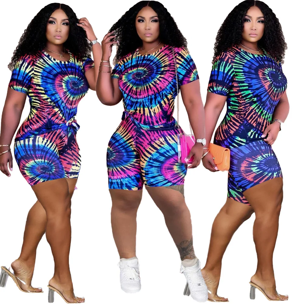 

LEOSOXS O Neck T-Shirt Womens Sets Color Stripes Print Two Piece Short Set For Women Sexy Casual Short Sleeve Two Piece Outfits