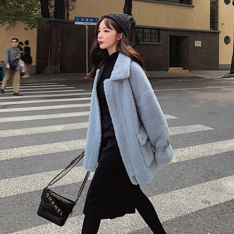 Осень зима 2020 новое корейское Синее Короткое пальто из овечьей шерсти свободное