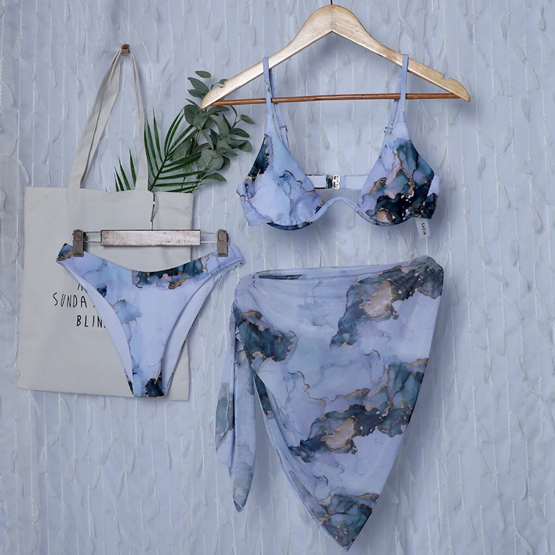 

New Sexy Marble Print Push Up bikini Women Swimsuit Female Swimwear 3-piece Bikini set V-Bar Wired Short Skirt Bathing suit Swim
