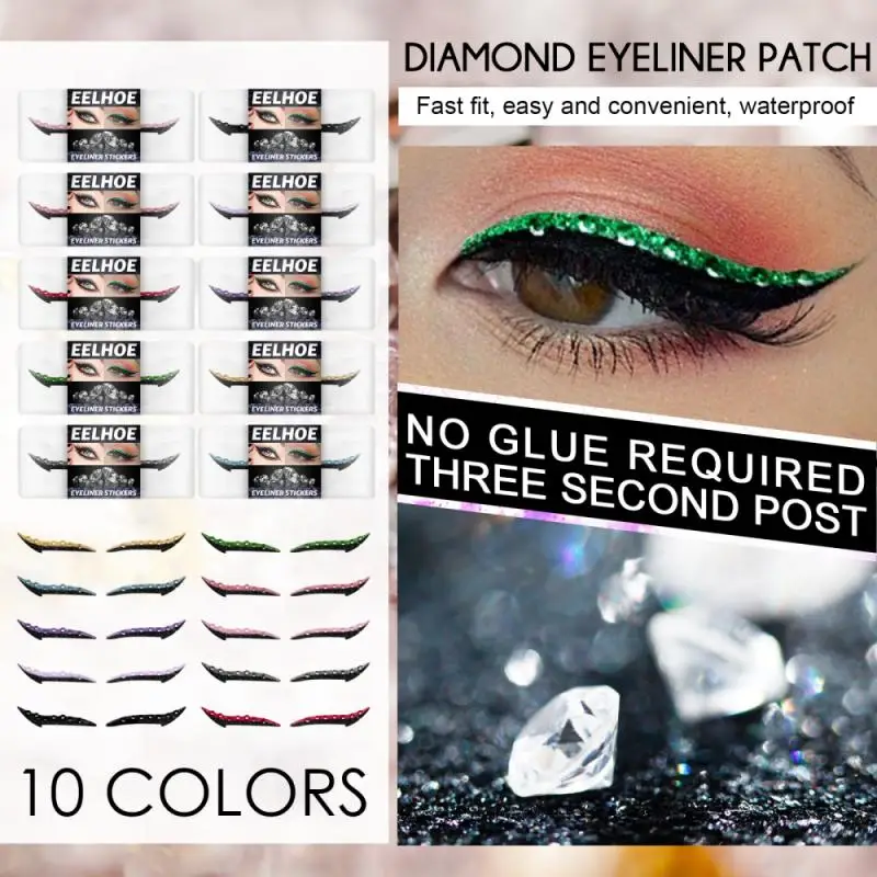 

EELHOE Diamond Eyeliner Sticker Waterproof Longlasting Stage Eye Makeup Sticker 10 Colors Reusable Eye Liner Stickers Cosmetics
