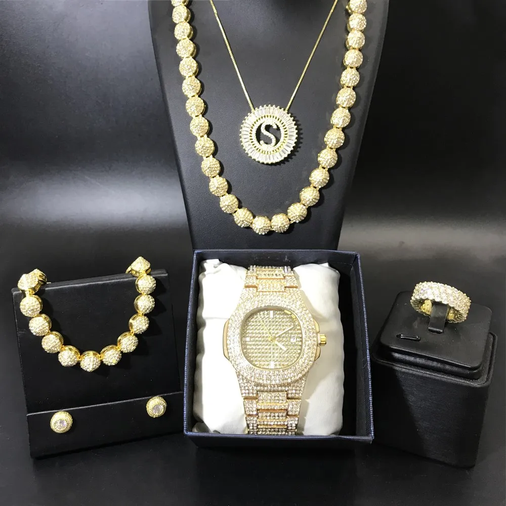 

Luxury Men Watch & Necklace & Braclete & Ring & Earrings Combo Set Ice Out Cuban Watch Crystal Miami Jewerly Set Hip Hop For Men