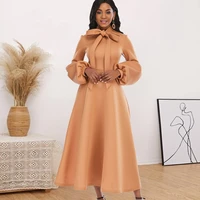 women maxi dress fall winter a line lantern long sleeves bowtie collar midi party elegant fashion new female solid color robes