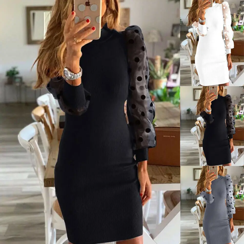 Сексуальное черное Сетчатое кружевное вязаное платье с длинным рукавом женское