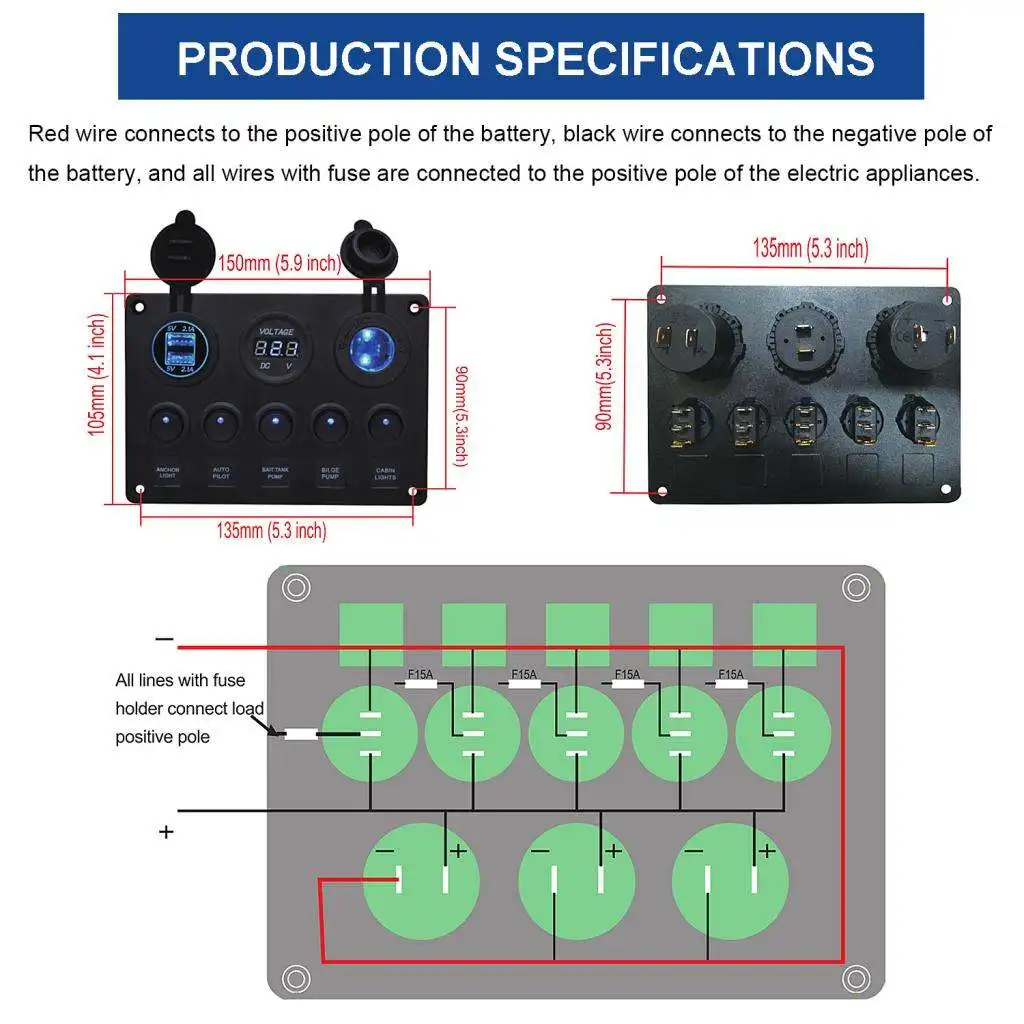 

Красный светодиод, 5 клавиш, переключатель, панель, двойной USB разъем, зарядное устройство, вольтметр